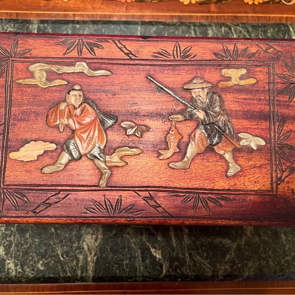 Hand Carved Asian Inspired Wooden Keepsake Chest - Picture 3 of 11